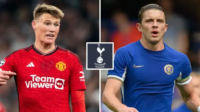 Man Utd midfielder Scott McTominay, Chelsea midfielder Conor Gallagher, Tottenham badge